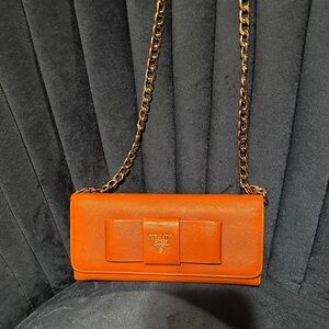 Prada Orange Leather Clutch with Chain Strap